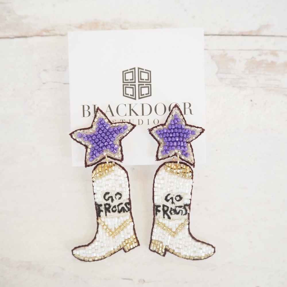 Beaded Super Star TCU Go Frogs Boot Earrings Texas Game Day
